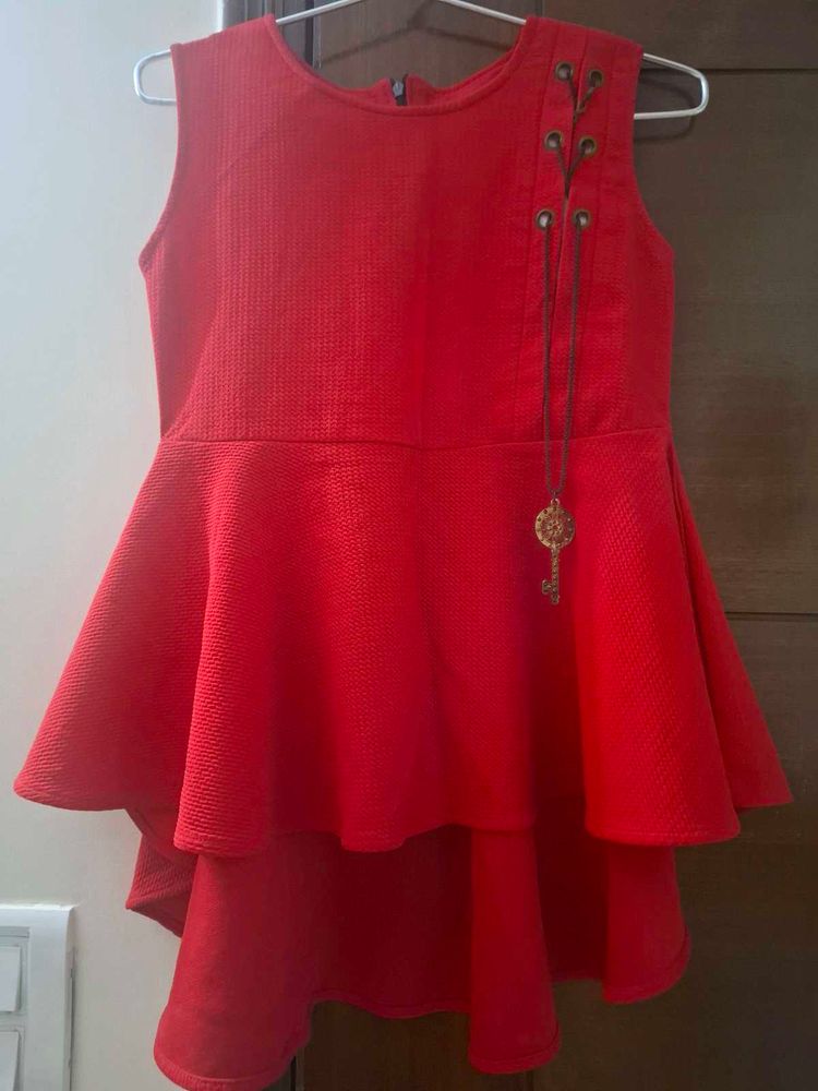 Red Textured Peplum Top with Key Pendant