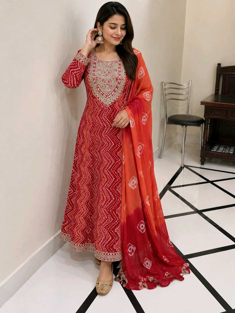 Stunning Red Bandhani Kurta with dupatta