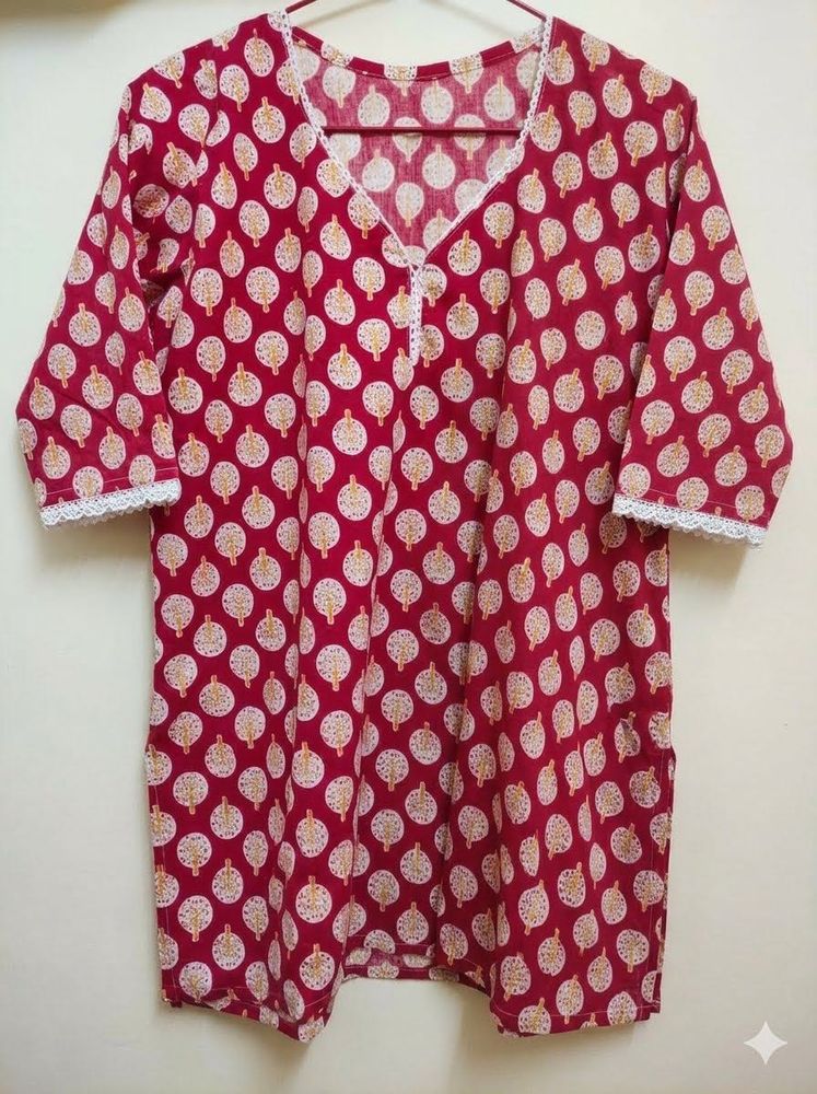 Red Printed short Cotton Kurta