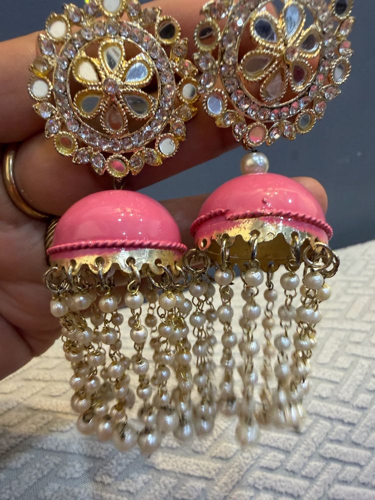 Pink Jhumka Earrings with Pearls