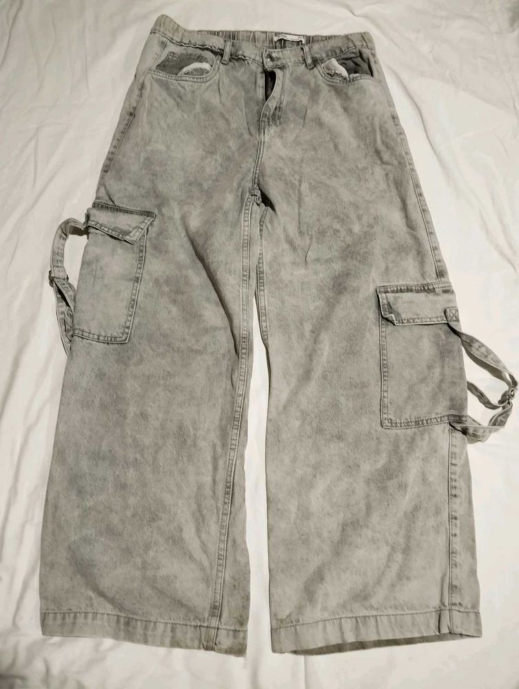 Grey Wash Wide Leg Cargo Jeans