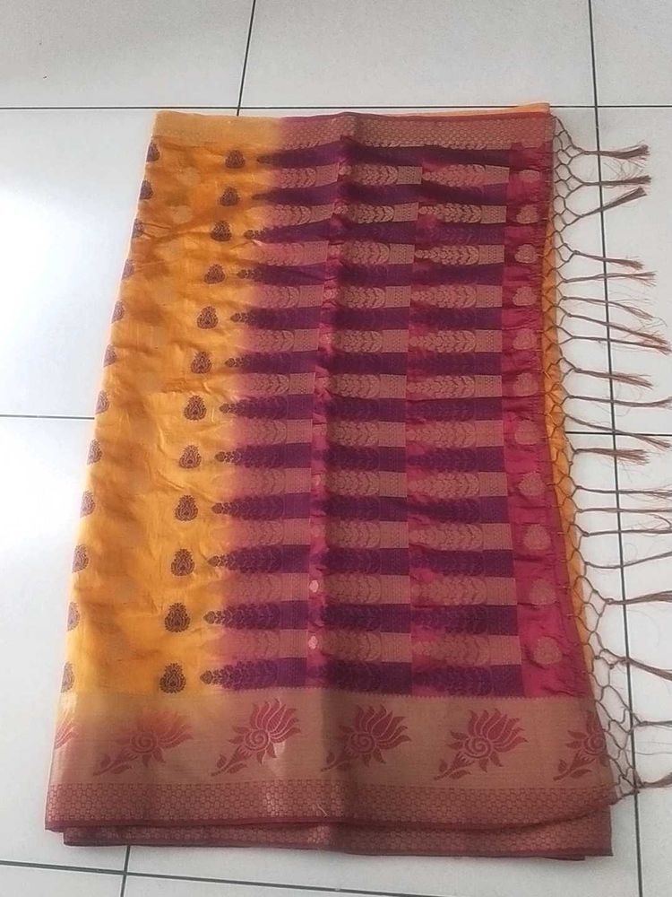 Yellow &amp; Maroon Silk Blend Saree