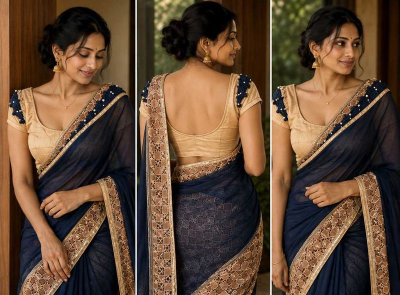 Elegant Navy Blue Saree with Embellished Blouse