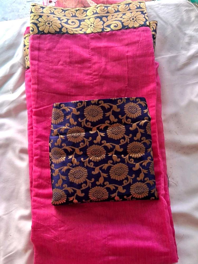 Vibrant Pink Silk Saree with Golden Floral Border