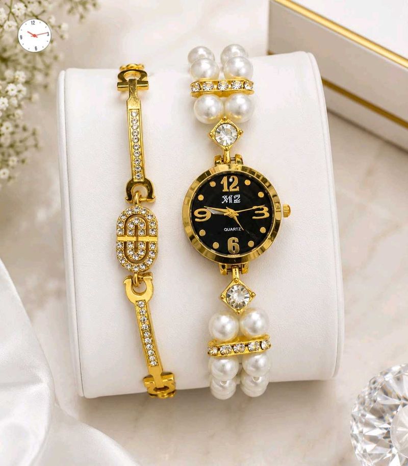 Elegant Gold Pearl Watch &amp; Bracelet Set