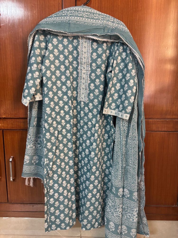Green Block Print Kurta Set with Dupatta