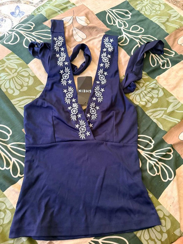 Navy Blue Embroidered Halter Top
