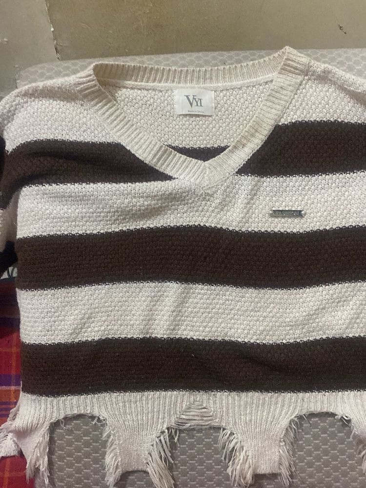 Striped V-Neck Distressed Sweater