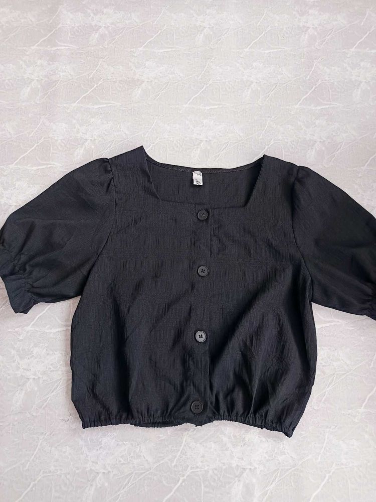 Black Square Neck Puff Sleeve Top