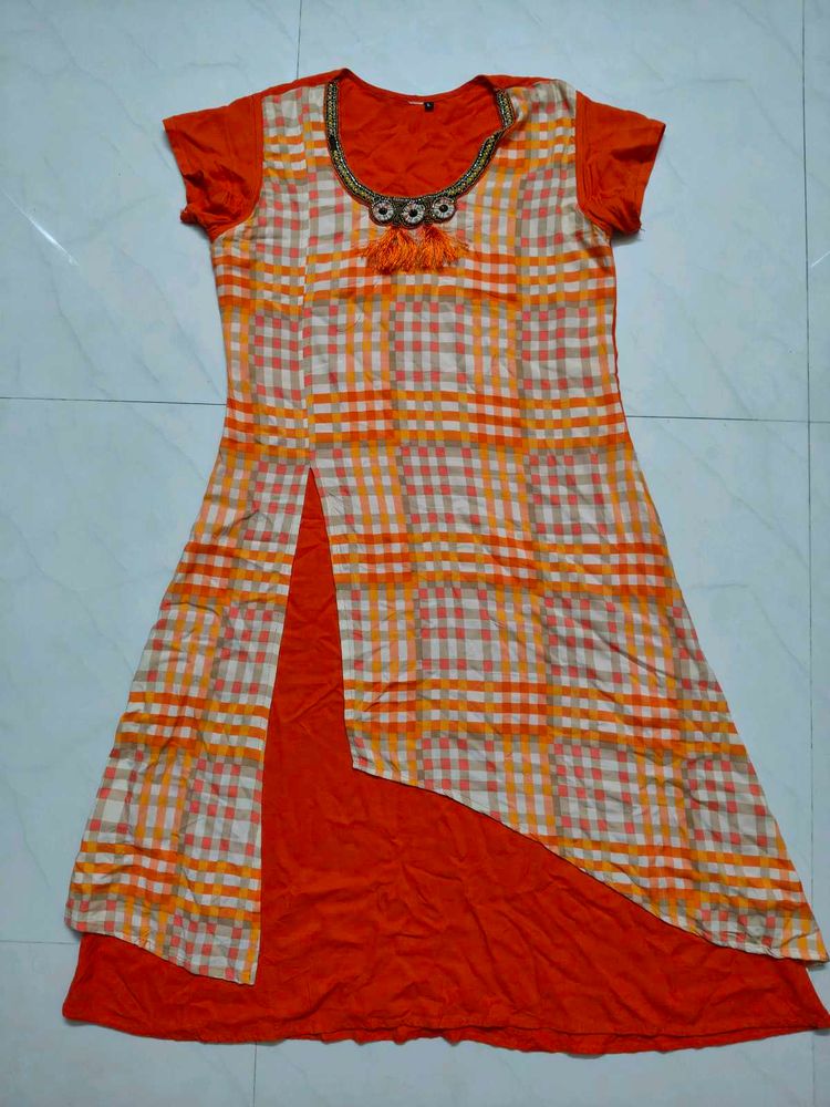 Orange Checkered Kurti with Embellished Neckline