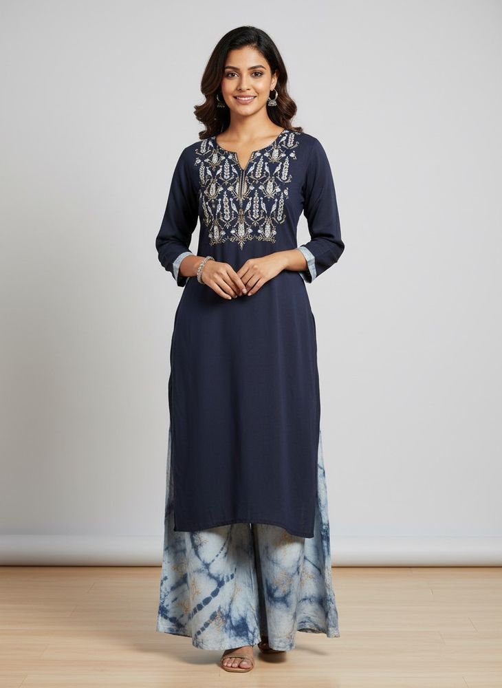 Embroidered Navy Blue Kurta with palazzo