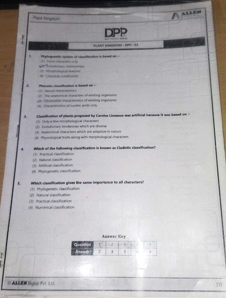 ALLEN BIOLOGY DPP - Practice Problems