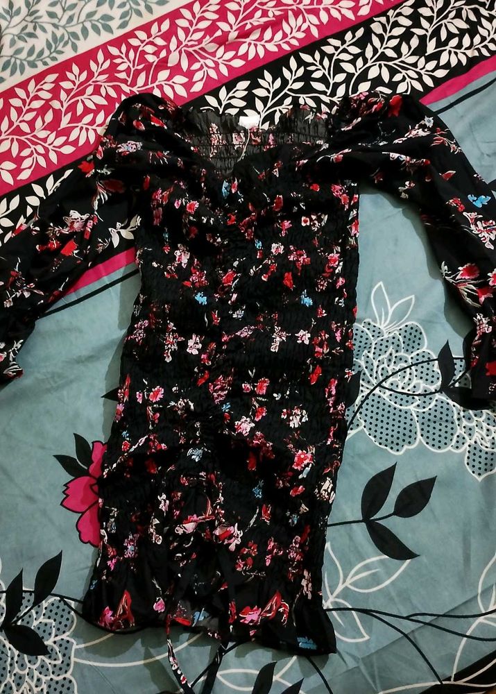 Black Floral Smocked Puff Sleeve Mini Dress