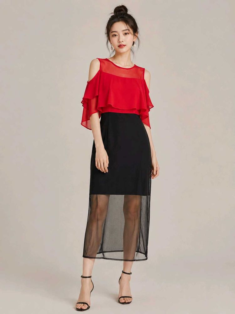 Chic Red Cold Shoulder Ruffle Dress