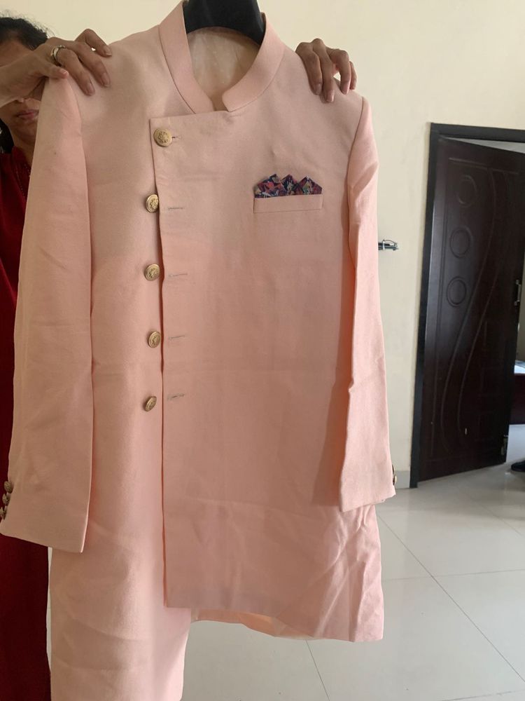 Men's Peach Asymmetrical Kurta father and son comb
