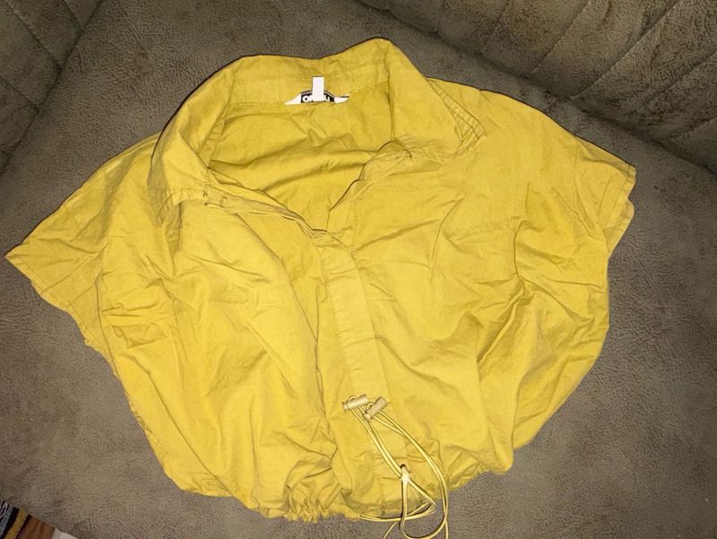 Yellow Cropped Shirt with Drawstring Hem