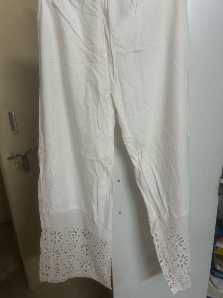 Elegant White Palazzo Pants with Cutwork Hem