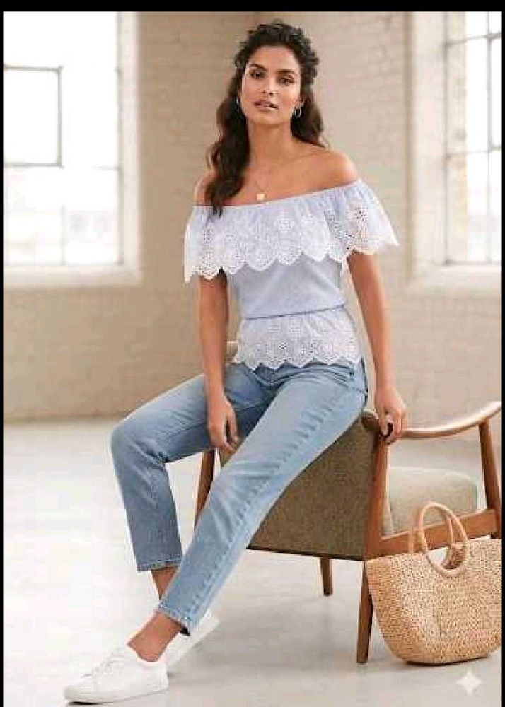 Chic Blue Striped Off-Shoulder Top