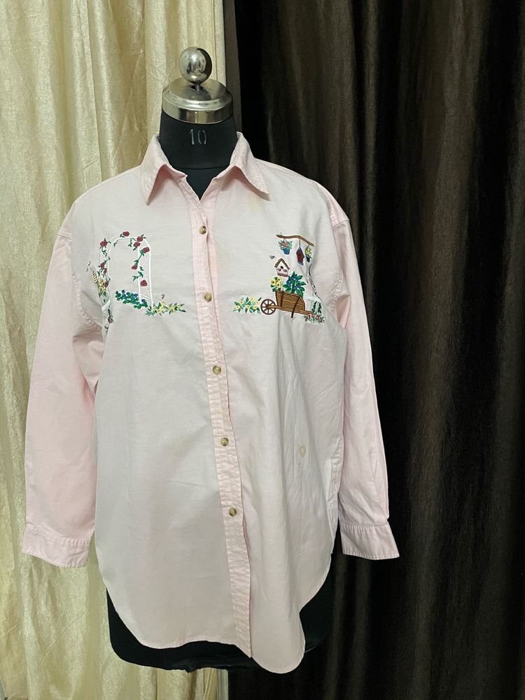Oversized Pink Embroidered Button-Down Shirt