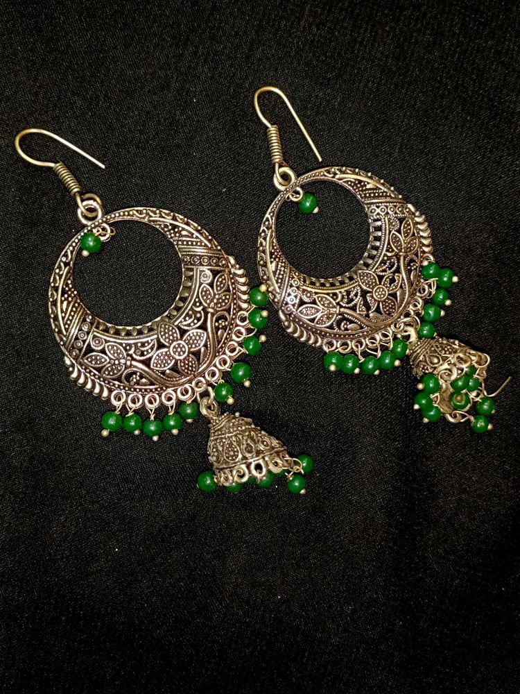Boho Jhumka Earrings with Green Beads
