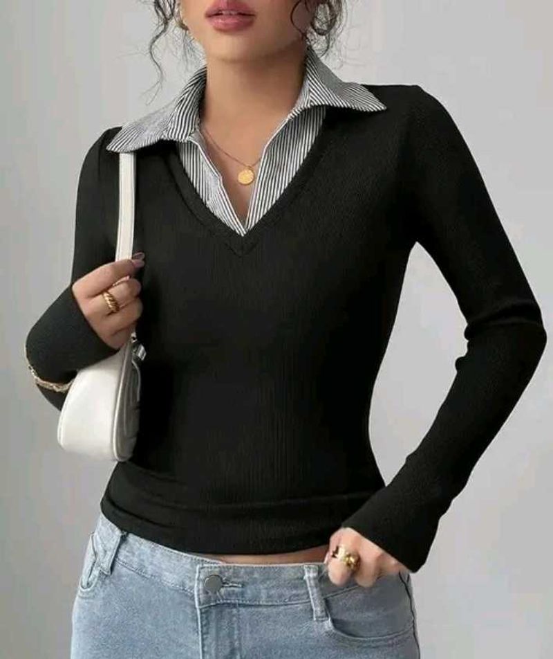 Stylish Black V-Neck Long Sleeve Top