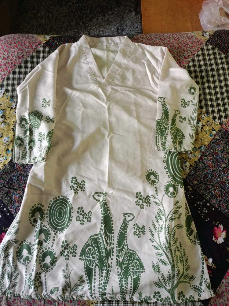 White Kurta with Green Print