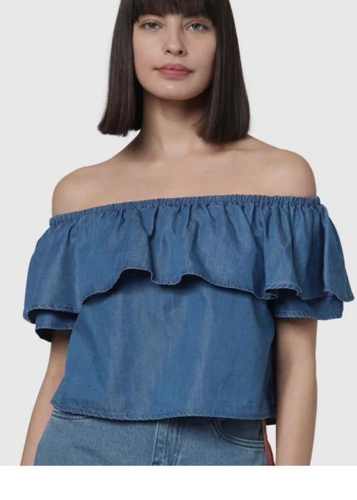 last price Blue Denim Off-Shoulder Ruffled Top