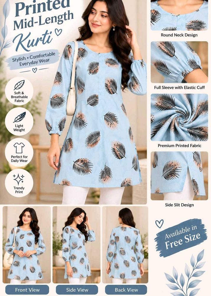 Light Blue Printed Mid-Length Kurti