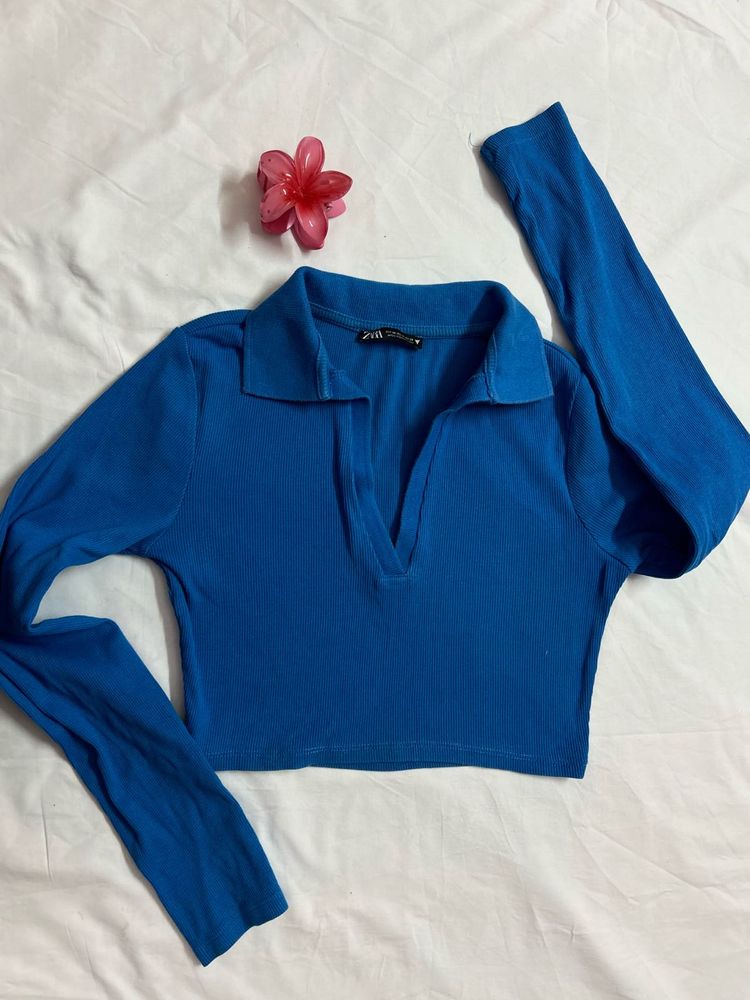 ZARA Blue Collared Crop Top