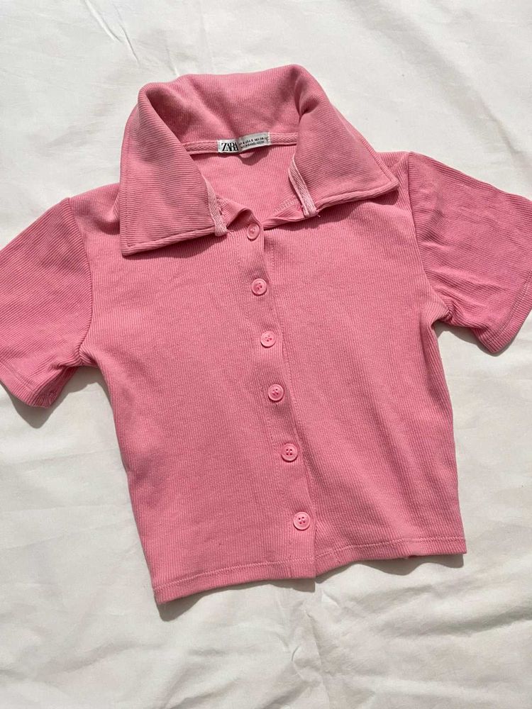 Pink Ribbed Collared Crop Top
