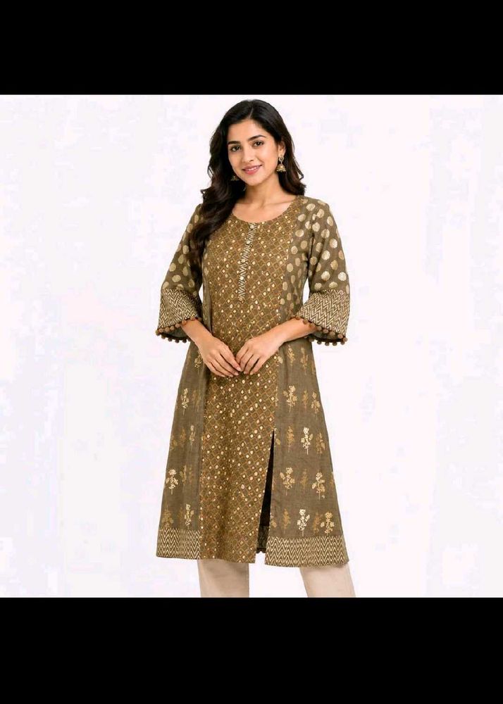 Olive Green &amp; Gold Print Kurti