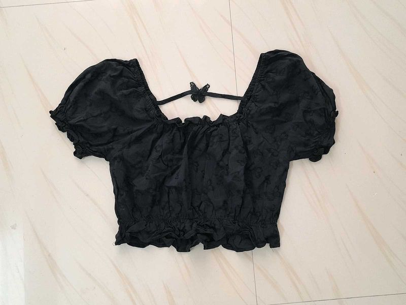 Black Puff Sleeve Butterfly Crop Top