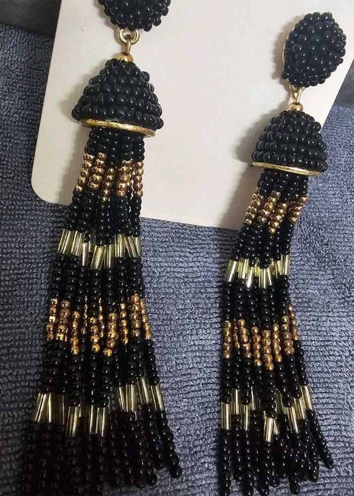 Black &amp; Gold Beaded Tassel Earrings