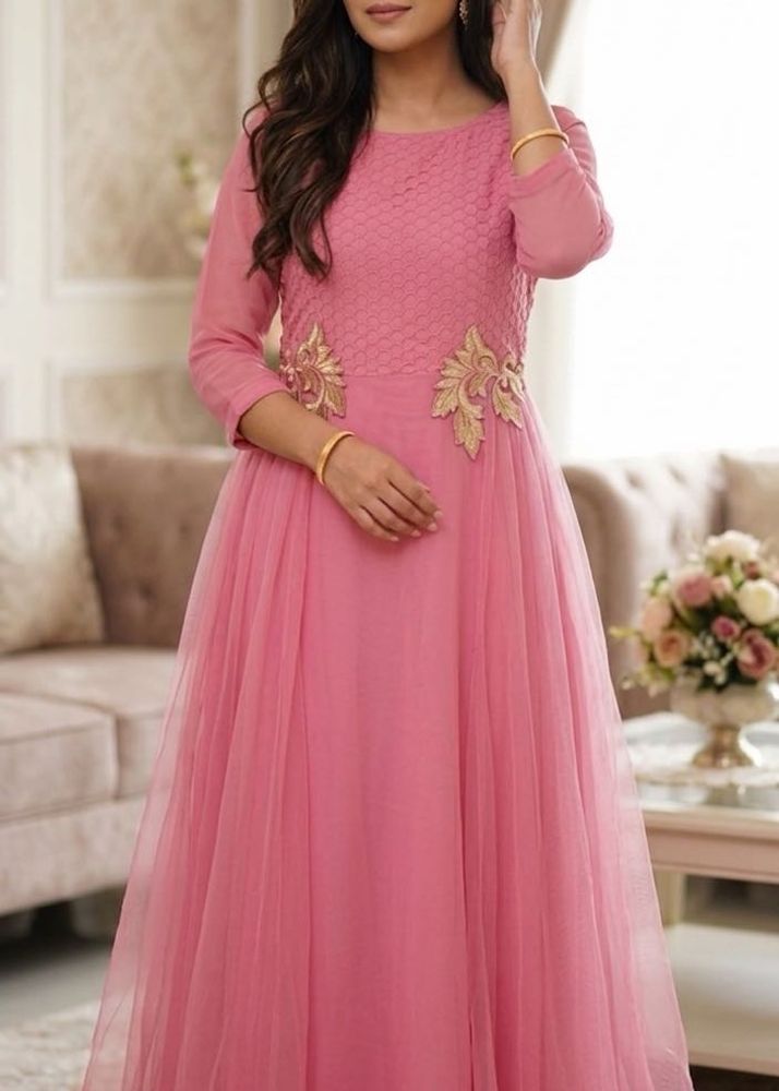 Pink Ethnic Gown with Gold Embroidery
