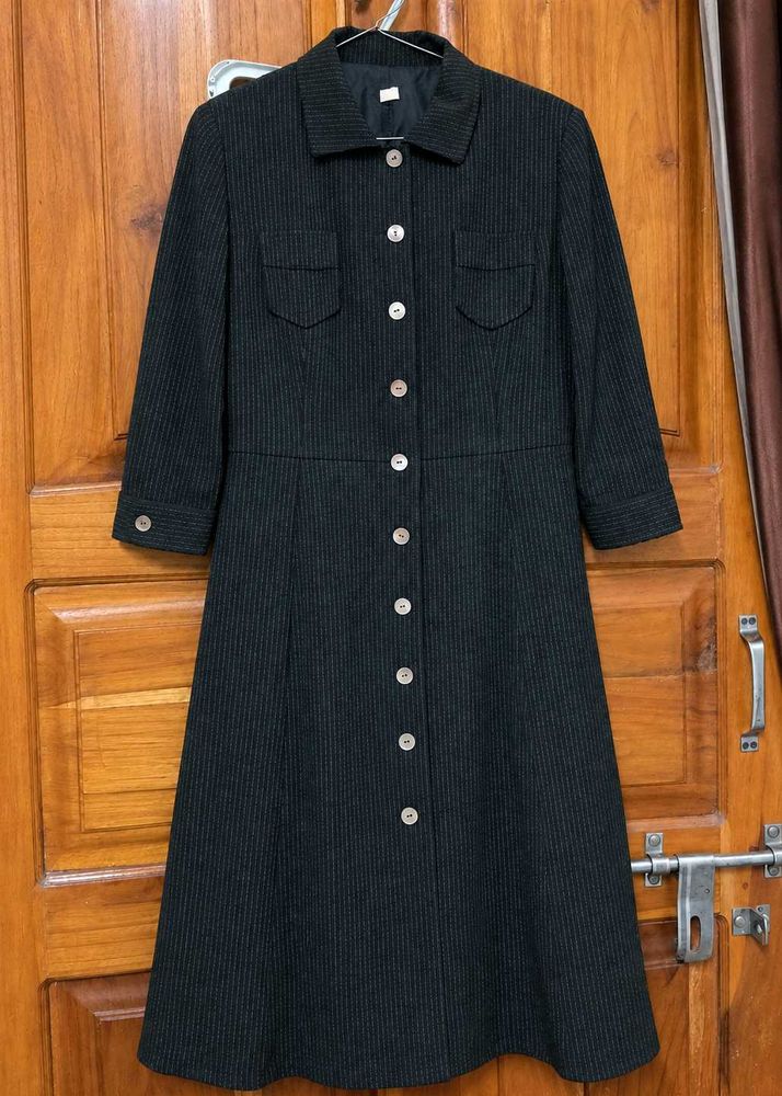 Vintage Pinstriped Button-Down Midi Dress