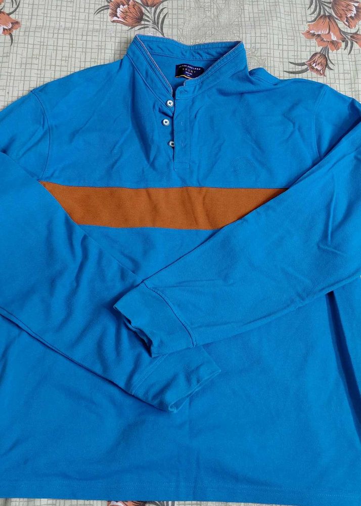 peter England Blue Striped Long Sleeve Polo Shirt