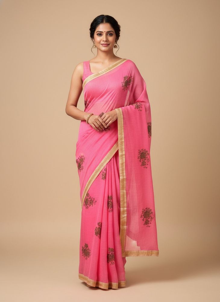 Beautiful Pink Saree with Golden Border without bl