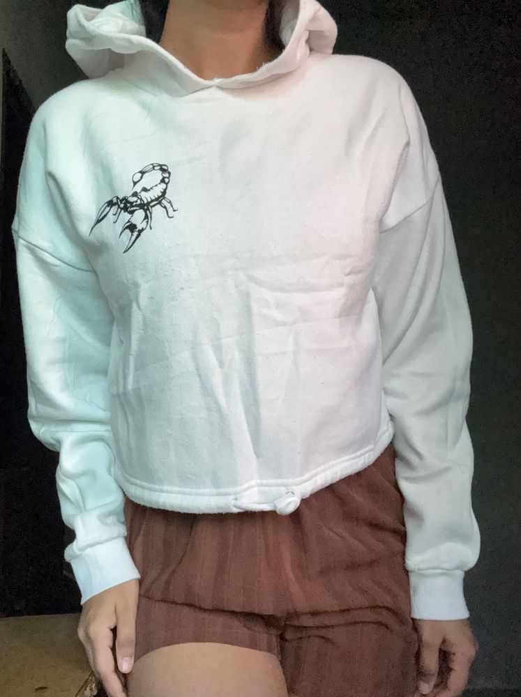 White Cropped Hoodie with Scorpion Graphic