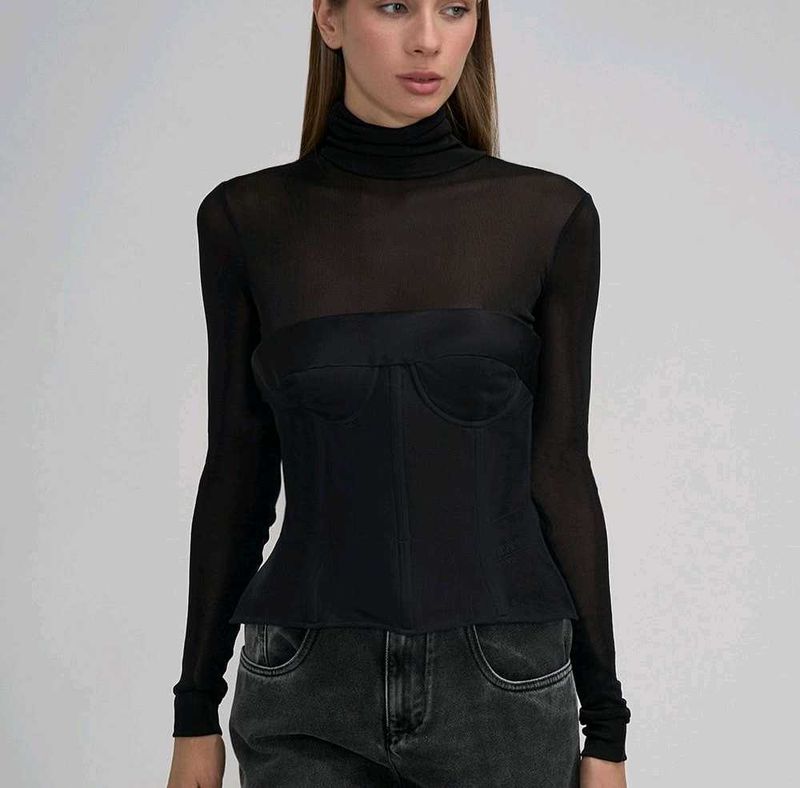 Luxury High Fashion Sheer Turtleneck Corset Top