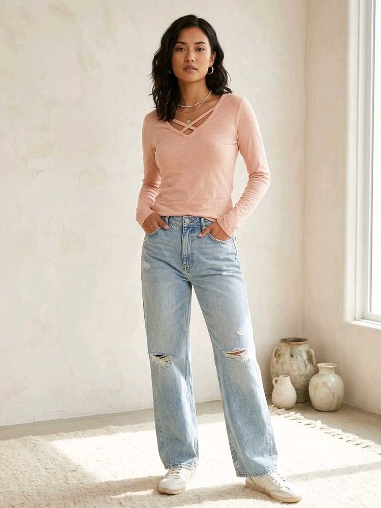 Stylish Pink Long Sleeve V-Neck Top
