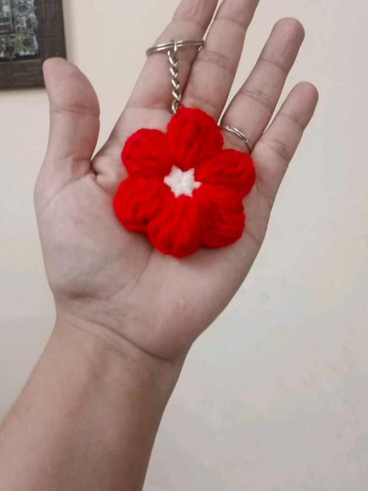 Red Crochet Flower Keychain
