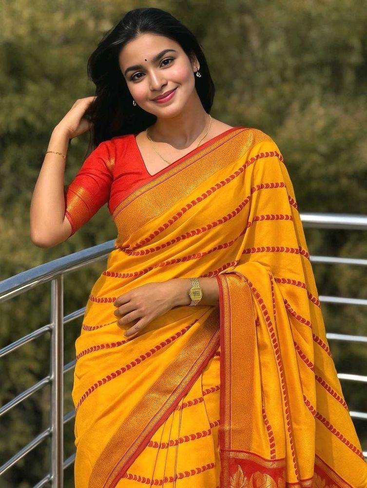 New Yellow Banarasi Saree with Red Border🌼