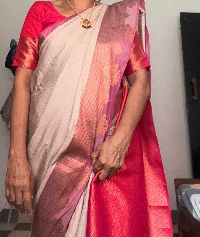 Vibrant Pink Silk Saree with Golden Border