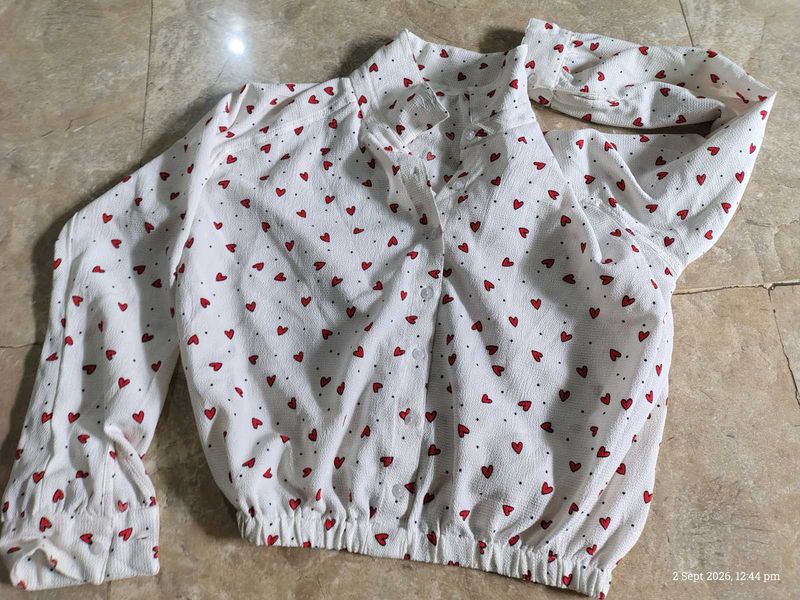 Cute Heart Print Button-Up Top