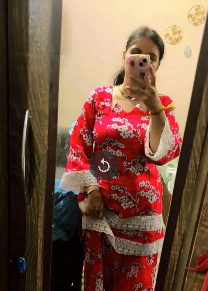 Red Floral Print Kurta with Lace Trim