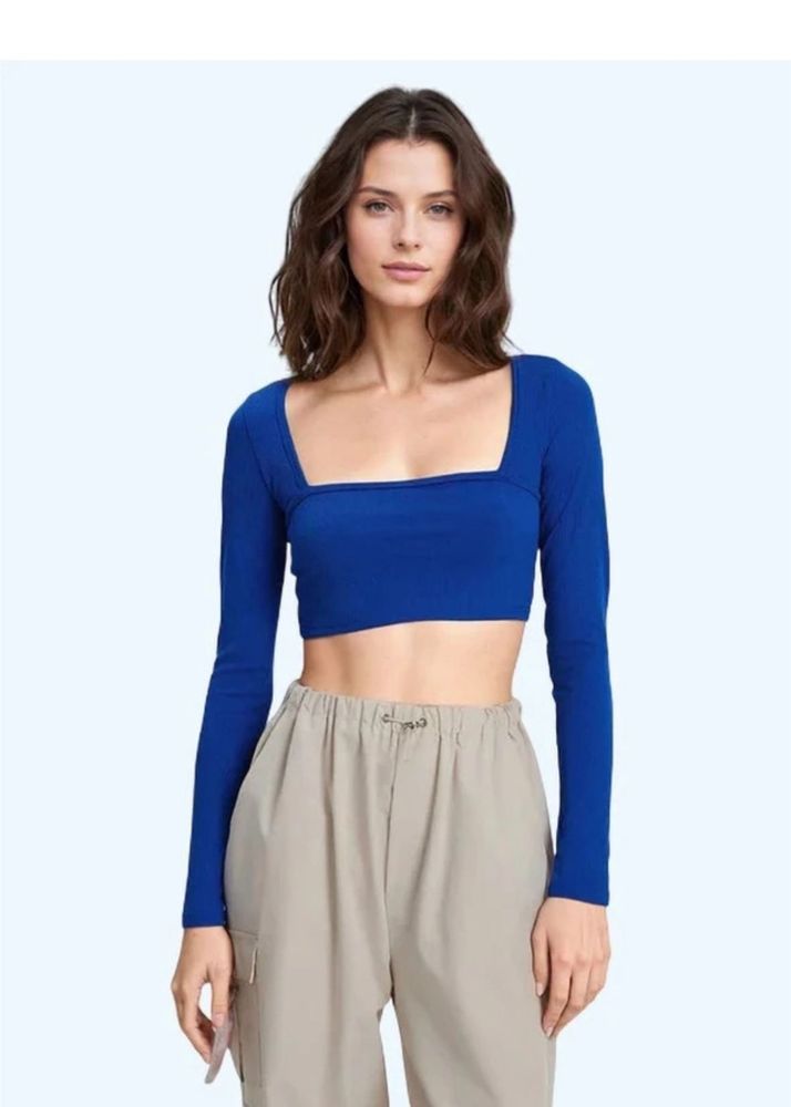 Blue Long Sleeve square neck Crop Top
