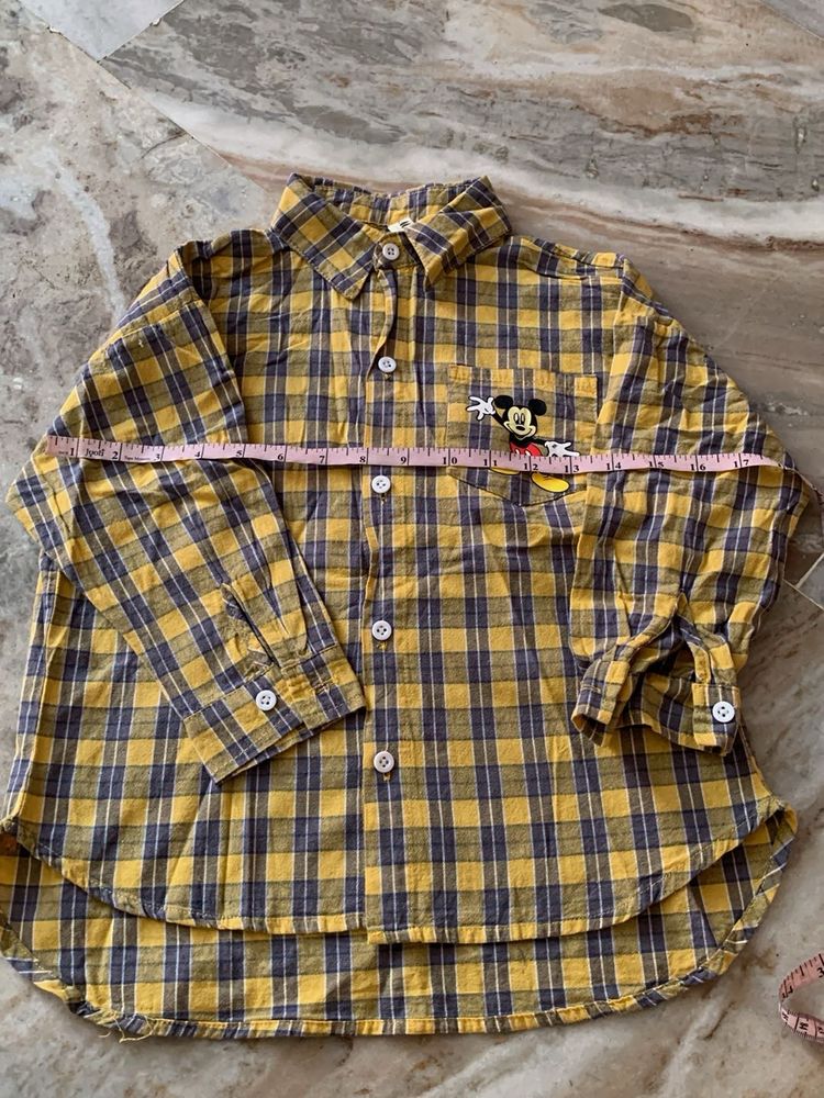 Yellow Plaid Shirt with Mickey Mouse Applique