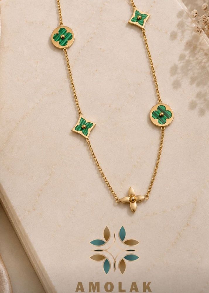 Elegant Gold Necklace with Malachite Charms