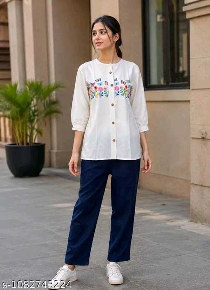 Embroidered White Kurta with Navy Blue Pants