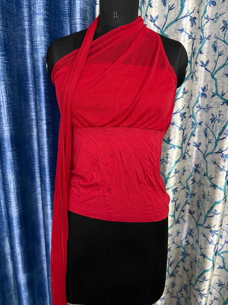 Vibrant Red Scarf top with Mesh bust